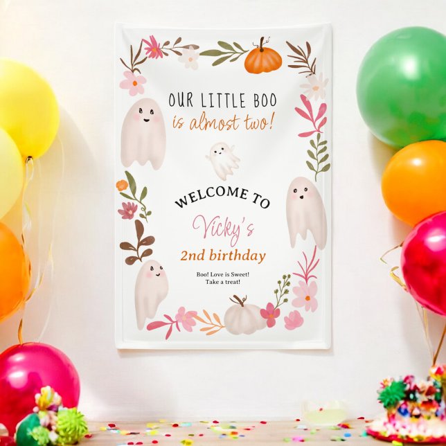 Lona Bienvenida a 2º cumpleaños de Cute Little Boo Hall (Cute Little Boo Halloween 2nd Birthday Welcome Banner)