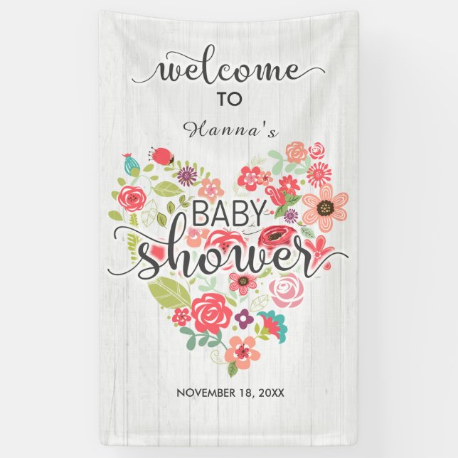 Lona Bienvenida a Baby Shower Chica de Corazón Floral d (Vertical)