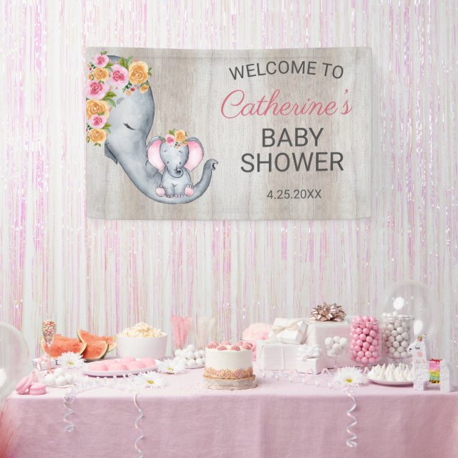 Lona Bienvenida a Baby Shower Chica de Elephant Floral  (Fiesta)