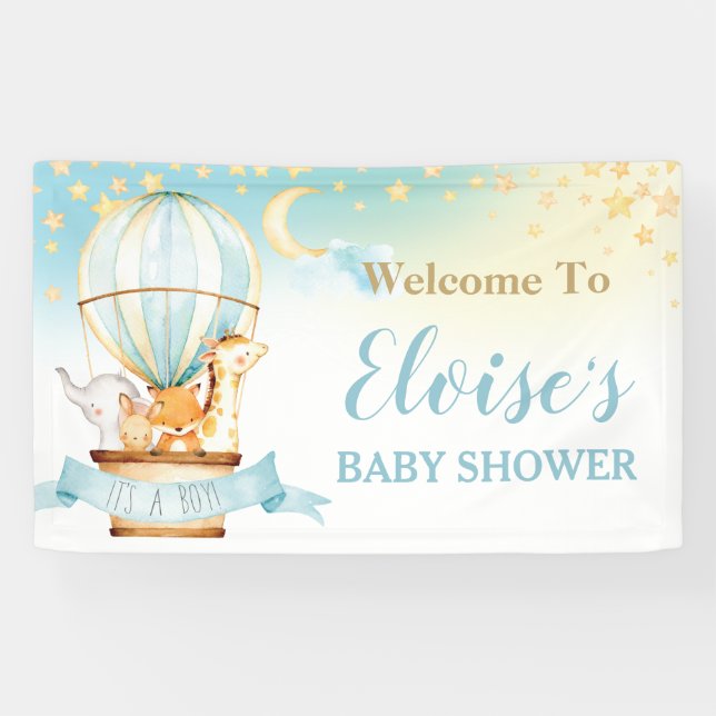 Lona Bienvenida a Baby Shower de Cute Animals Hot Air B (Horizontal)