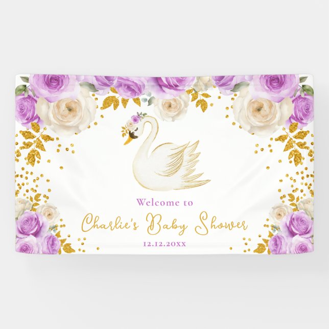 Lona Bienvenida a Baby Shower de los Rosas Swan Purple  (Horizontal)