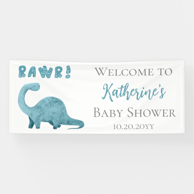 Lona Bienvenida a Baby Shower de Rawr Blue Dinosaur Boy (Horizontal)