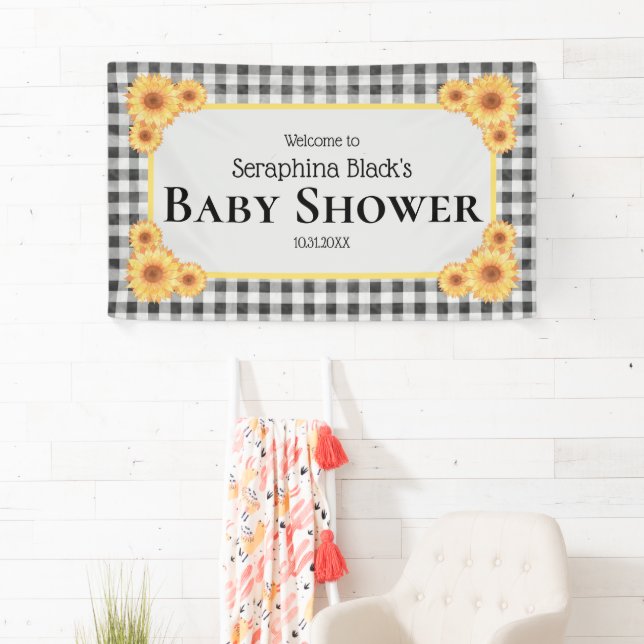 Lona Bienvenida a Baby Shower Picnic Gingham Sunflower (In situ)