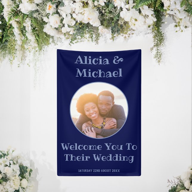 Lona Bienvenida a Boda azul de la Armada de fotos Parej (Wedding Welcome Vertical Banner)