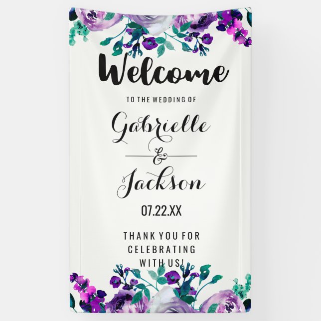 Lona Bienvenida a Boda de acuarela floral Mint & Purple (Vertical)