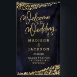 Lona Bienvenida a Boda de Confetti de oro de color azul<br><div class="desc">Acuarela azul marina y oro Glam Confetti Perfecto para otoño o invierno Boda de bienvenida Rótulo de pancarta con letra de escritura a mano a la moda! ~ Revisa mi tienda para ver toda la colección de bodas con este diseño!</div>