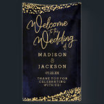 Lona Bienvenida a Boda de Confetti de oro de color azul<br><div class="desc">Acuarela azul marina y oro Glam Confetti Perfecto para otoño o invierno Boda de bienvenida Rótulo de pancarta con letra de escritura a mano a la moda! ~ Revisa mi tienda para ver toda la colección de bodas con este diseño!</div>