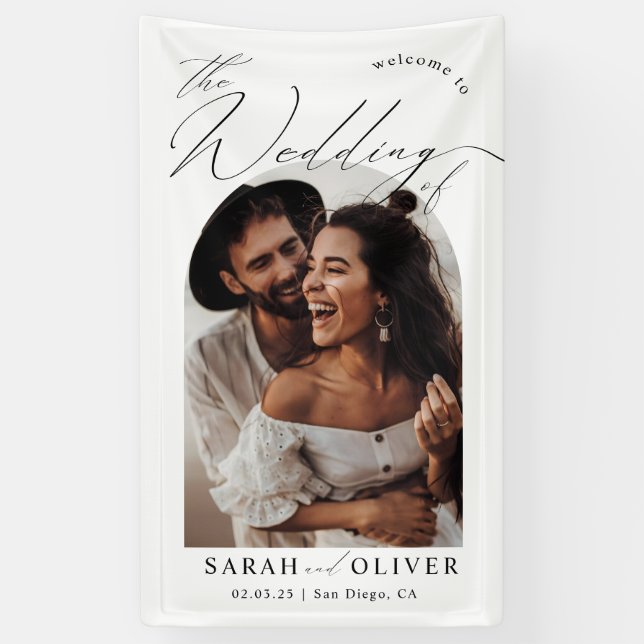 Lona Bienvenida a Boda de escritura moderna de fotograf (Vertical)