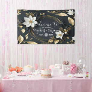 Lona Bienvenida a Boda de flores de oro blanco negro