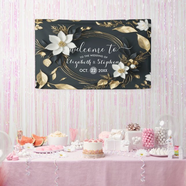 Lona Bienvenida a Boda de flores de oro blanco negro (Fiesta)