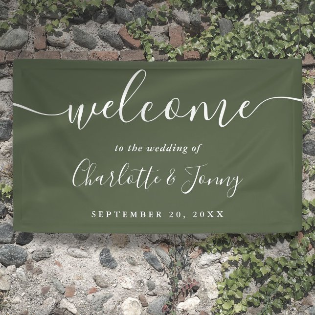 Lona Bienvenida a Boda de Guión Verde en Olivo (Olive Green Script Wedding Welcome Banner)