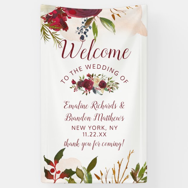 Lona Bienvenida a Boda Floral Mistletoe Manor Watercolo (Vertical)