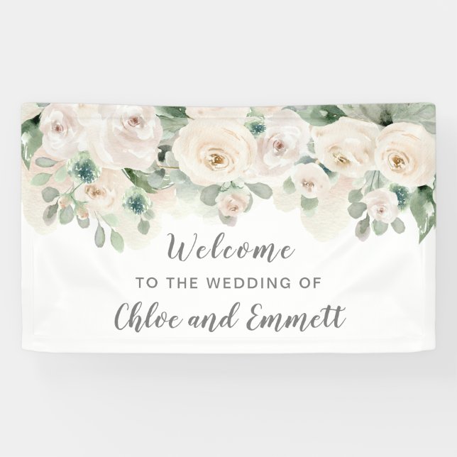 Lona Bienvenida a Boda Floral Rosa Blanca (Horizontal)