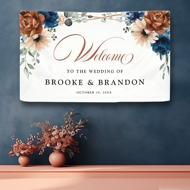 Lona Bienvenida a Boda Geométrico Azul de la Marina de  (Wedding welcome banner with terracotta and navy flowers)