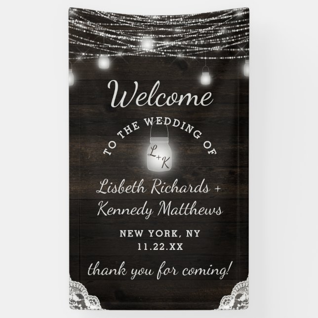 Lona Bienvenida a Boda Ridge Wood & Mason Jars (Vertical)