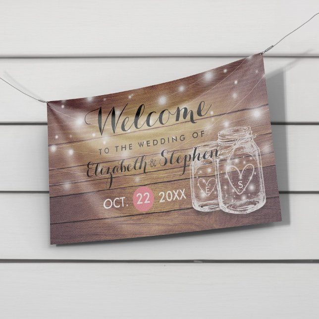 Lona Bienvenida a Boda Rústico Wood Mason Jar String Li (Subido por el creador)