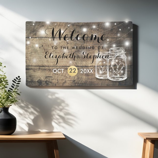 Lona Bienvenida a Boda Rústico Wood Mason Jar String Li (Subido por el creador)