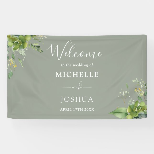 Lona Bienvenida a Boda Verde Floral Sage Green (Horizontal)