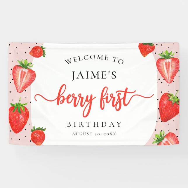 Lona Bienvenida a Chica de fresa Berry First Birday (Horizontal)
