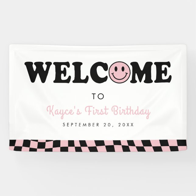Lona Bienvenida a Chica de la sonrisa Wavy Pink Preppy (Horizontal)