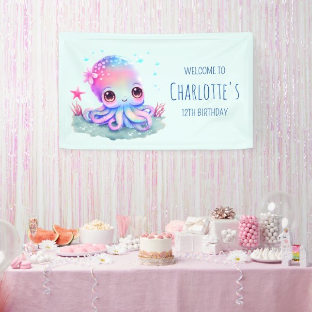 Lona Bienvenida a cumpleaños de la Creatura Cute Octopu (Fiesta)