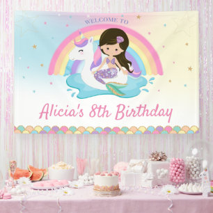 Lona Bienvenida a cumpleaños de la sirena marrón oscuro