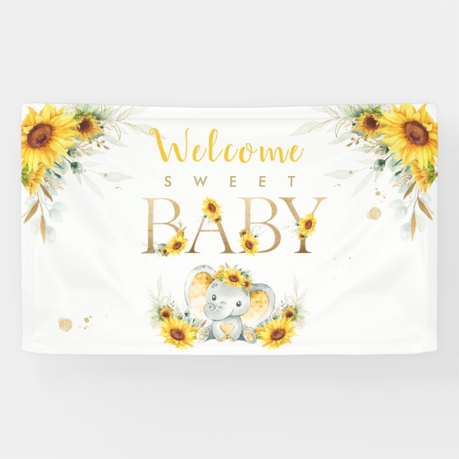 Lona Bienvenida a Elephant Sunflower Baby Shower (Horizontal)