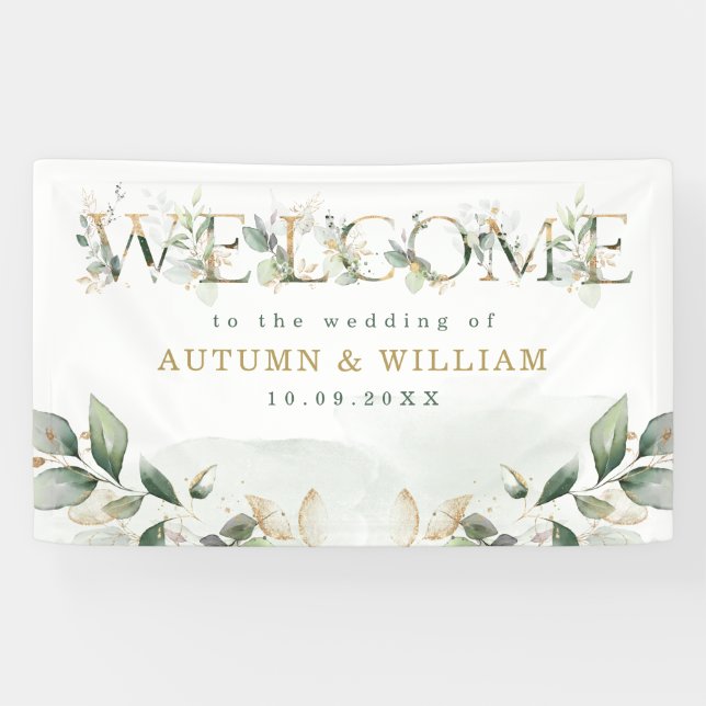 Lona Bienvenida a Fiesta de Boda de Sage Greenery Gold  (Horizontal)