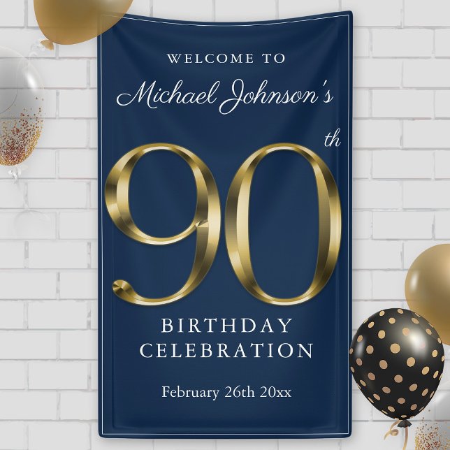 Lona Bienvenida a fiesta de cumpleaños 90 Personalizado (Navy Blue Gold Custom 90th Birthday Party Welcome Banner)