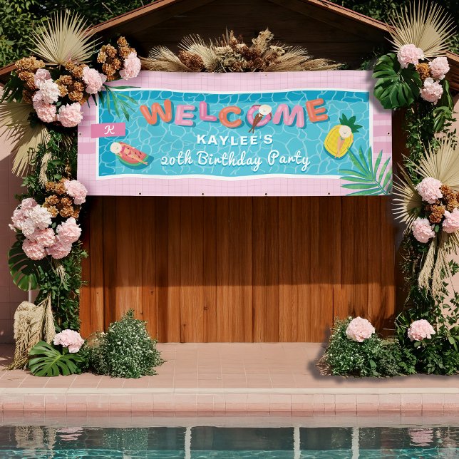Lona Bienvenida a fiesta de cumpleaños de la piscina tr (Fun Tropical Pink Pool Birthday Party Welcome Banner)