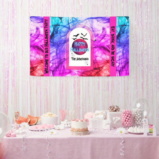 Lona Bienvenida a Fiesta de Halloween Black Purple Bats (Fiesta)