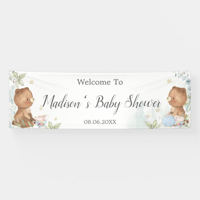 Lona Bienvenida a fondo Baby Shower Twins Teddy Bears (Horizontal)