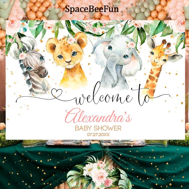 Lona Bienvenida a la bandera de fondo del Chica Safari  (Safari Baby Shower girl,safari animals,Backdrop Banner,Welcome sign,leon elephant,giraffe zebra,bann)