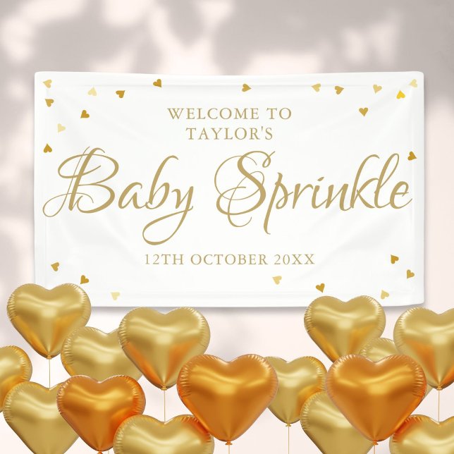 Lona Bienvenida a la ducha con agua para rociar bebé (Gold Love Hearts Baby Sprinkle Shower Welcome Banner)