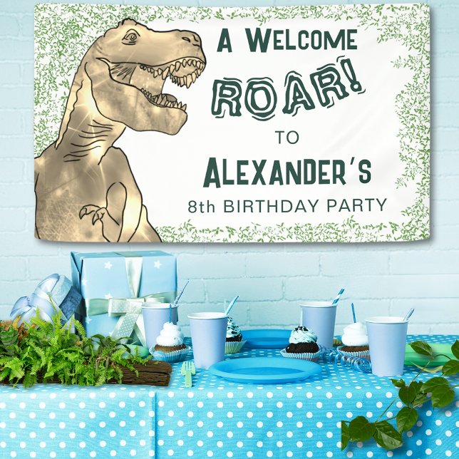 Lona Bienvenida a la Fiesta de Cumpleaños de Dinosaur R (T-Rex roar dinosaur jungle 8th birthday party custom welcome banner  jungle foliage green typography)
