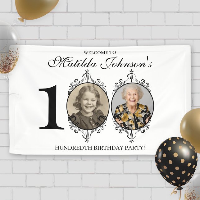 Lona Bienvenida a la fiesta de cumpleaños número 100 de (Black White Photo 100th Birthday Party Welcome Banner)