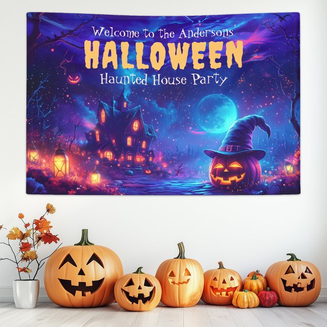 Lona Bienvenida a la fiesta de Halloween en la Casa de  (Haunted House Halloween Party Welcome Banner)