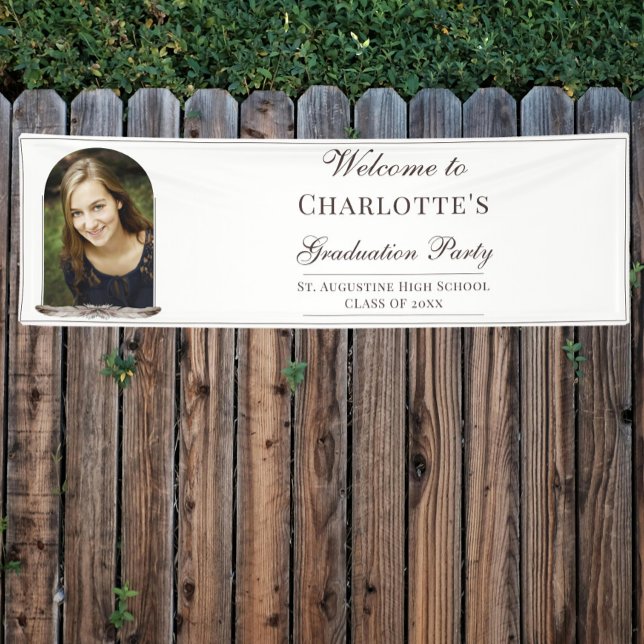 Lona Bienvenida a la graduación de fotos del marco de l (Boho Feather Frame Photo Graduation Party Welcome Banner)