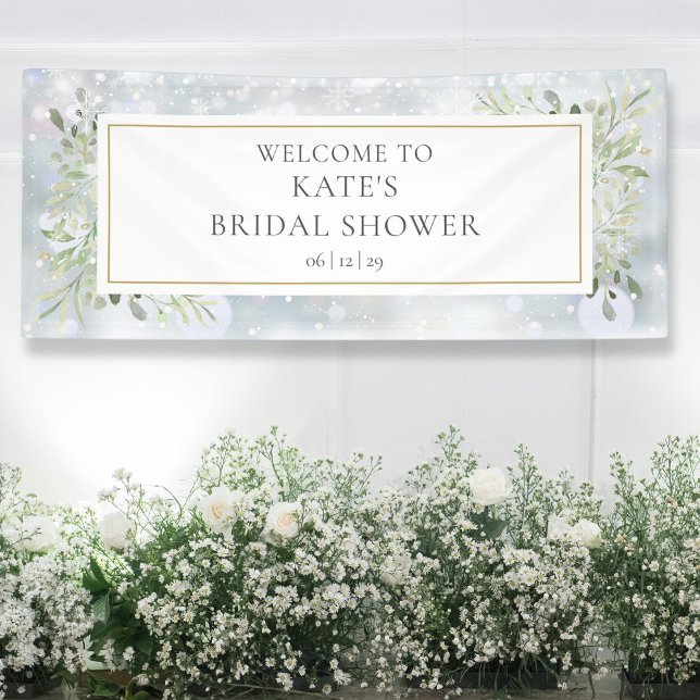Lona Bienvenida a la lluvia de ideas de boda de inviern (Winter Snow Greenery Bridal Shower Welcome Banner)