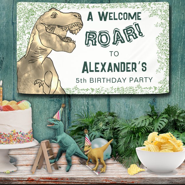 Lona Bienvenida a la quinta fiesta de cumpleaños de la  (A Hapy Birthday T-Rex Roar Dinosaur jungle custom 5th birthday party banner)