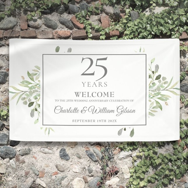 Lona Bienvenida a la vegetación en el 25° Aniversario d (25th Silver Wedding Anniversary Greenery Welcome Banner)