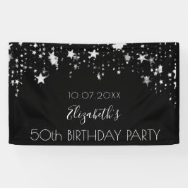 Lona Bienvenida a las estrellas de plata negra de cumpl