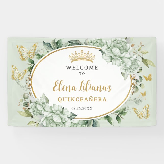 Lona Bienvenida a las mariposas Sage Green Floral Quinc (Horizontal)