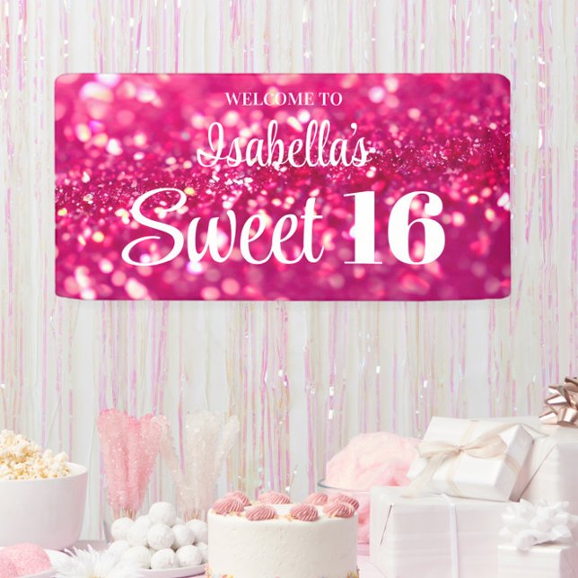 Lona Bienvenida a los 16 cumpleaños de Glam Sweet, Purp (Hot Pink Glitter Personalized Sweet 16 Birthday Party Sign Banner, with Name, Girly, Feminine)