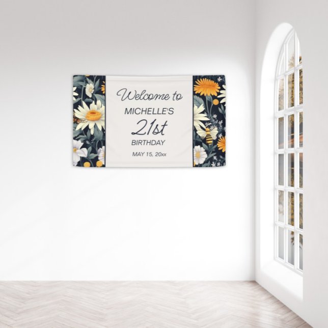 Lona Bienvenida a los 21 cumpleaños de la Marina Dandel (Yellow dandelions and white daisies on navy blue 21st birthday welcome banner)