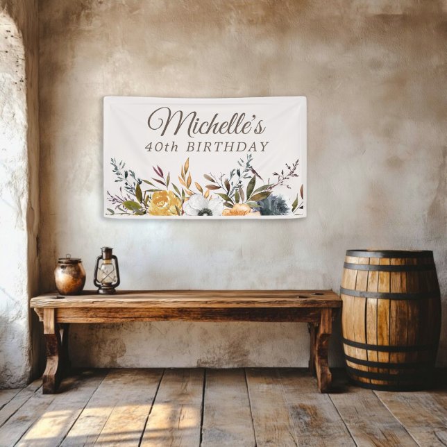 Lona Bienvenida a los 40 Años de la Floral Azul Amarill (Mustard yellow and navy blue women's 40th birthday party banner)