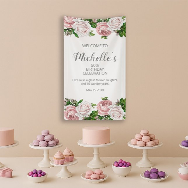 Lona Bienvenida a los 50 cumpleaños de la Flora de Vint (Elegant blush pink vintage floral 50th birthday party banner)