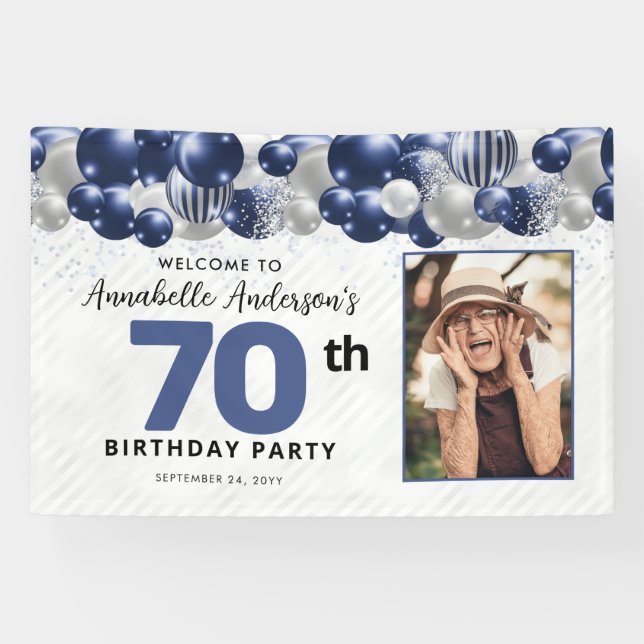 Lona Bienvenida a los 70 cumpleaños de Blue Silver Ball (Horizontal)