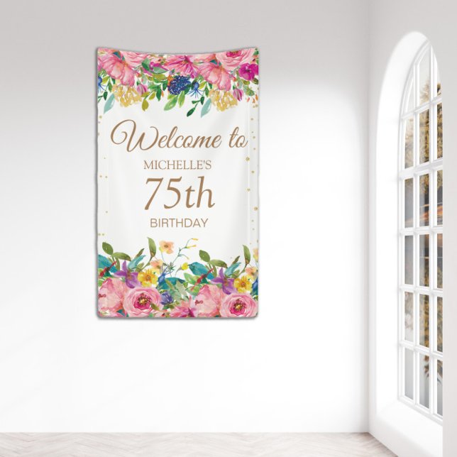Lona Bienvenida a los 75 cumpleaños del Purpurina flora (Vertical 75th birthday "Welcome" banner.)