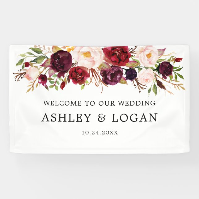 Lona Bienvenida a Marsala Watercolor Floral Boda (Horizontal)